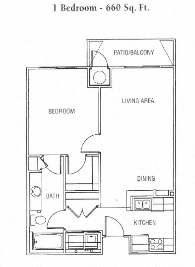 A floor plan of a 1 Bedroom - 660 Sq. Ft. apartment.